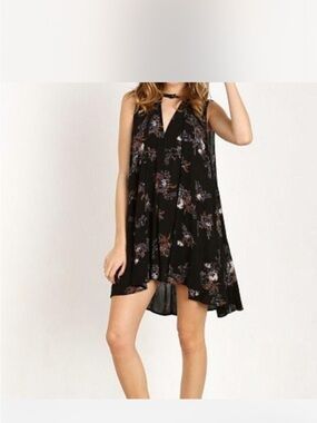 Free People Black Floral High-Low Swing Dress